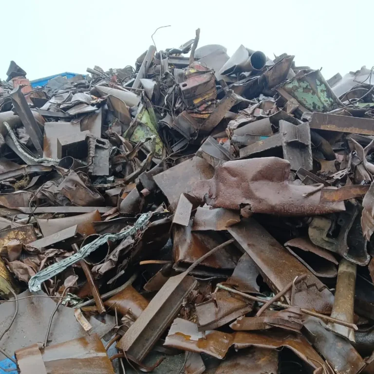 Heavy steel scrap pieces collected for recycling and metal recovery operations