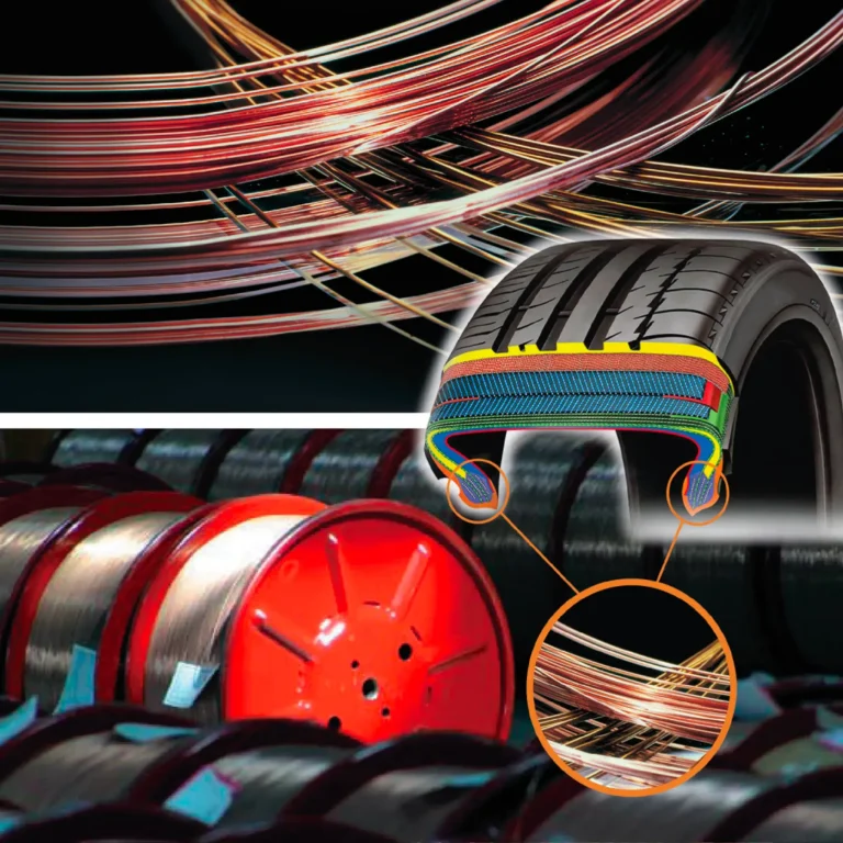 Bead wire steel coils used in tire reinforcement, showing high-strength steel filaments for automotive applications.